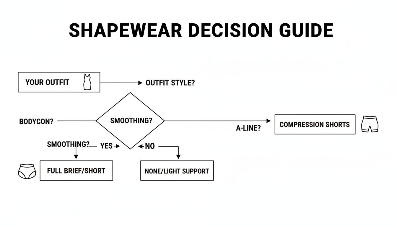 Flowchart guiding shapewear choice based on outfit style like bodycon or A-line and smoothing preference.