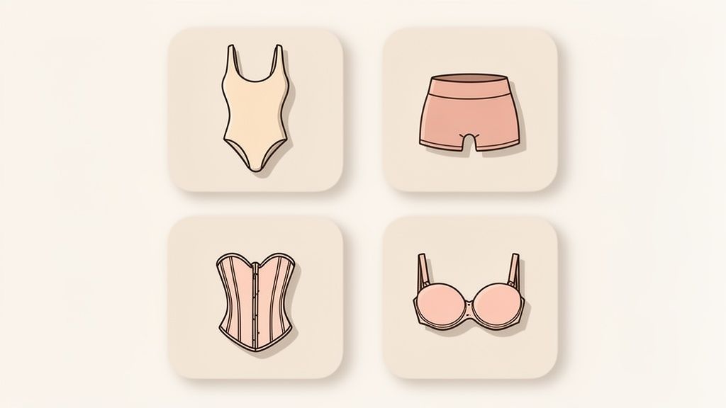 Four icons displaying various undergarments: a beige bodysuit, pink boy shorts, a pink corset, and a pink bra.