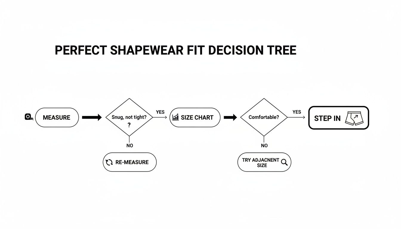 Flowchart illustrating a perfect shapewear fit decision tree, guiding users through measuring and sizing.