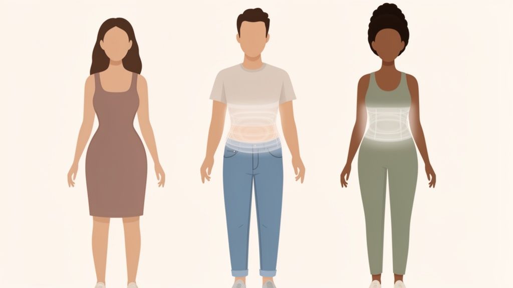Three diverse figures illustrate the tummy control effect of shapewear around their midsection.