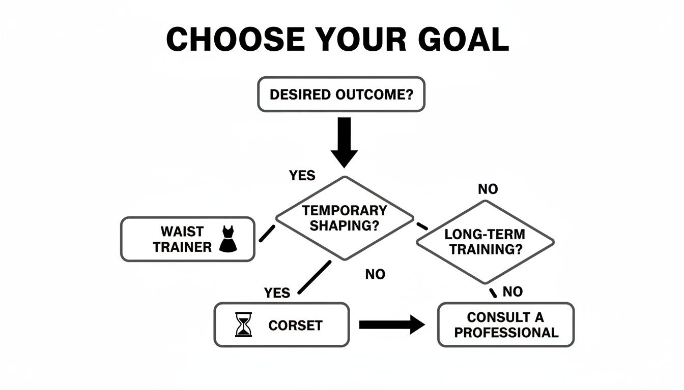 Flowchart guiding users to choose between waist trainers, corsets, or professional consultation for body shaping goals.