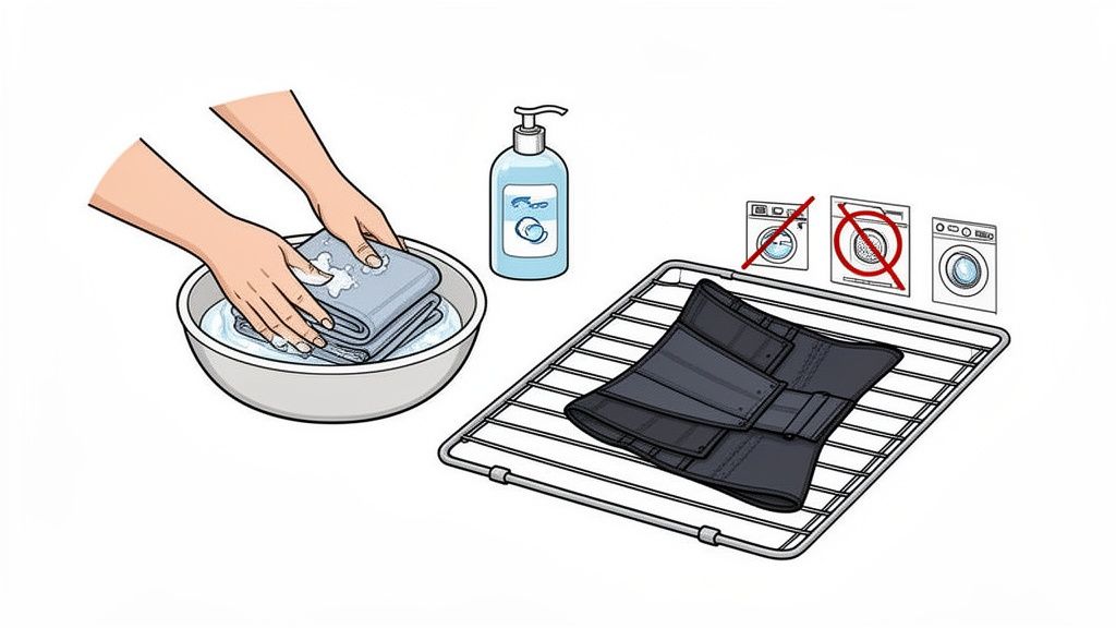Illustration showing hand washing a garment in a bowl with soap and air drying a waist trainer on a rack.