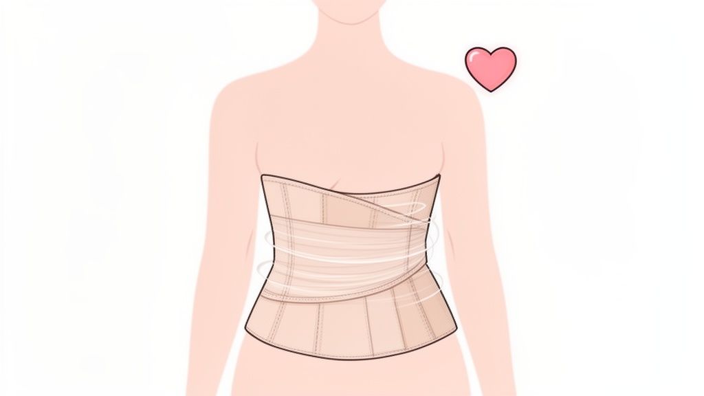 Illustration of a female torso wearing a beige waist trainer or corset belt with a pink heart.