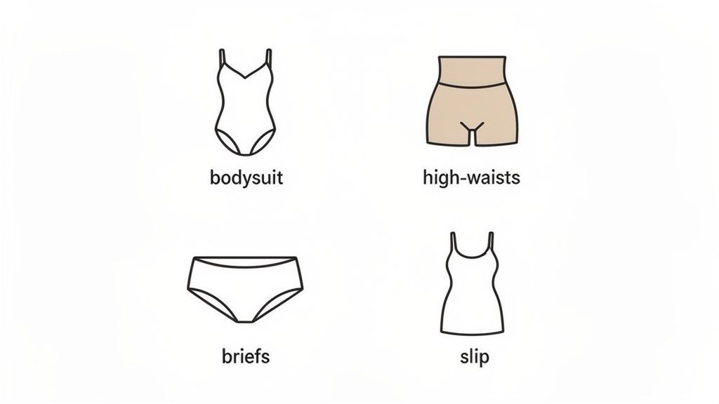 Line art illustrations of different types of shapewear and underwear, including a bodysuit, high-waist shorts, briefs, and a slip.