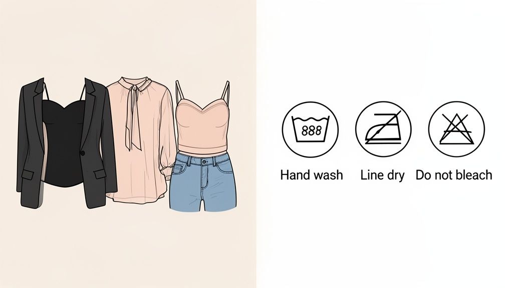 Illustration of three fashion outfits: a blazer, a blouse, a camisole with jeans, and laundry care instructions.