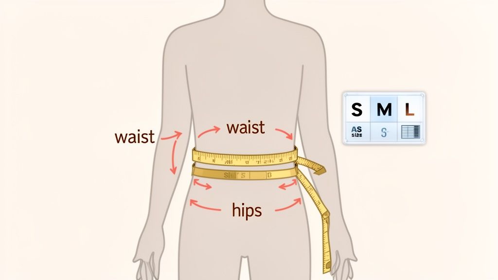 Illustration of a human torso with a measuring tape around the waist and hips for size guidance.