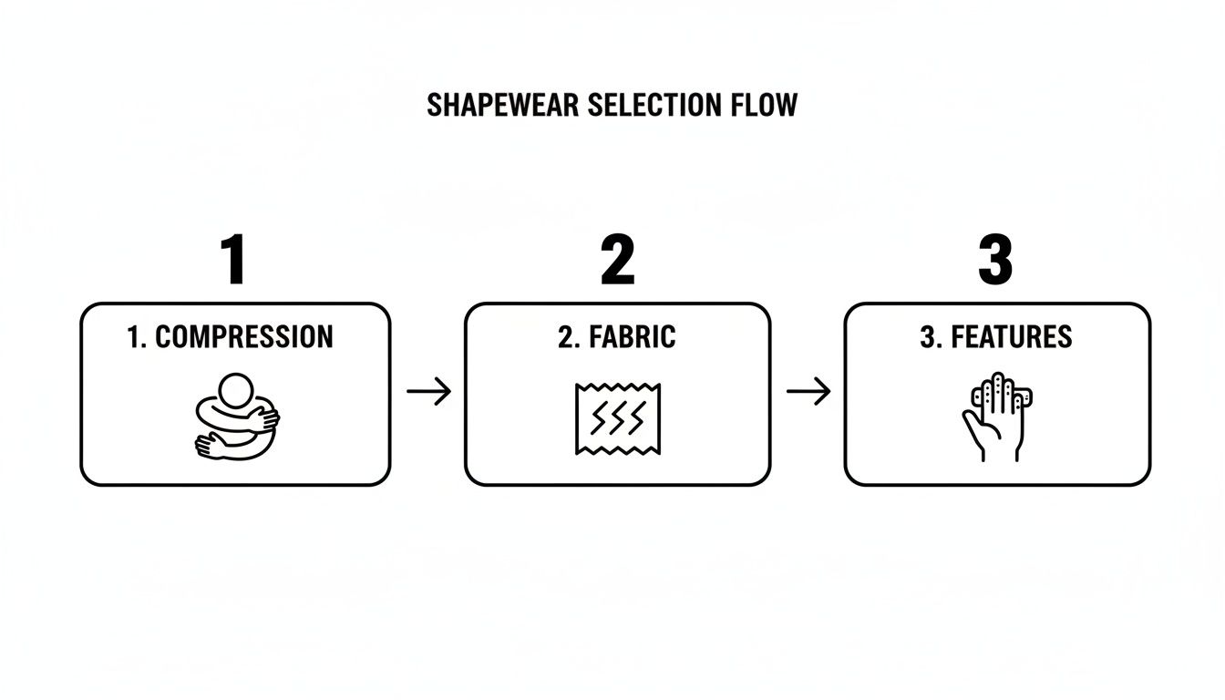 A flow chart illustrating the shapewear selection process, detailing steps for compression, fabric, and features.