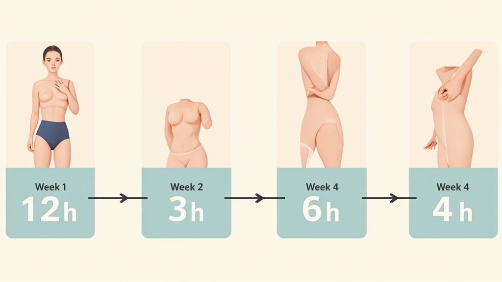 Illustrative timeline showing a female body's progression and recommended daily wearing hours for compression garments over 4 weeks.