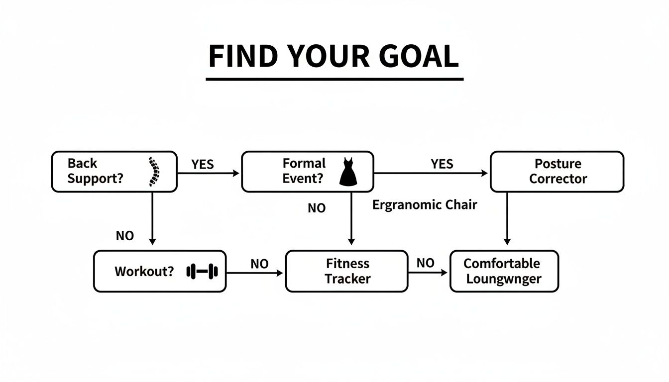 Flowchart illustrating product recommendations for back support, formal events, workouts, and relaxation needs.