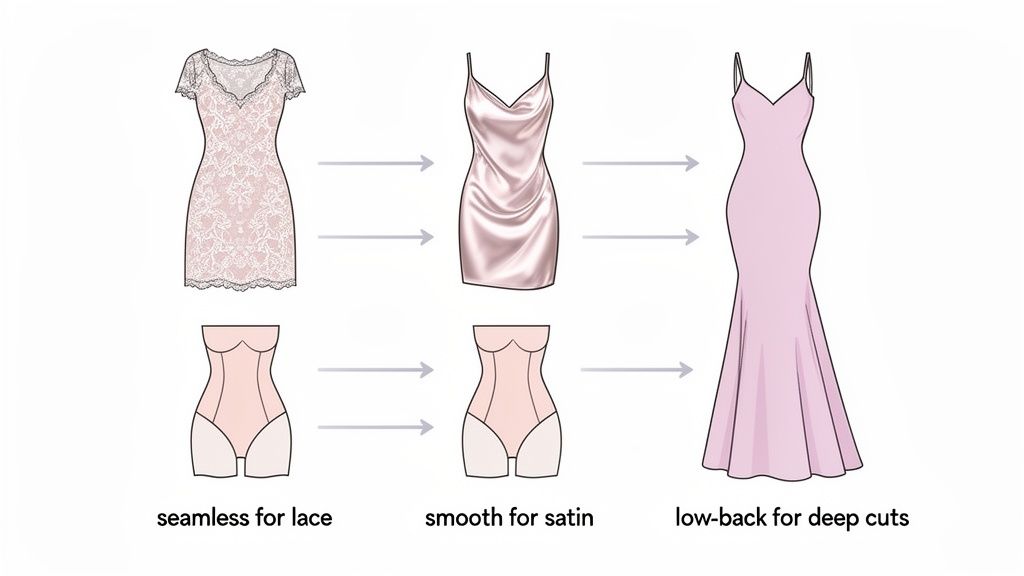 Illustration showing different types of dresses and their matching shapewear recommendations for a seamless look.