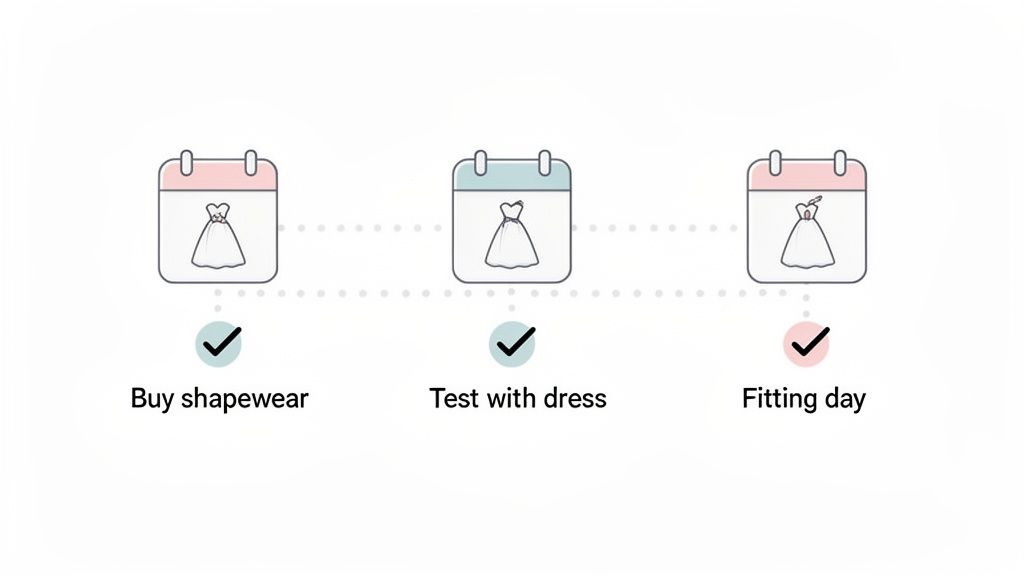 A three-step visual timeline for wedding dress preparation: buy shapewear, test with dress, and fitting day.