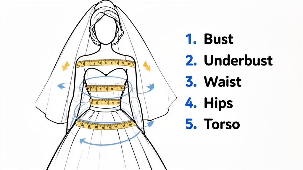 A diagram demonstrating how to take body measurements for a dress, including bust, underbust, waist, and hips.