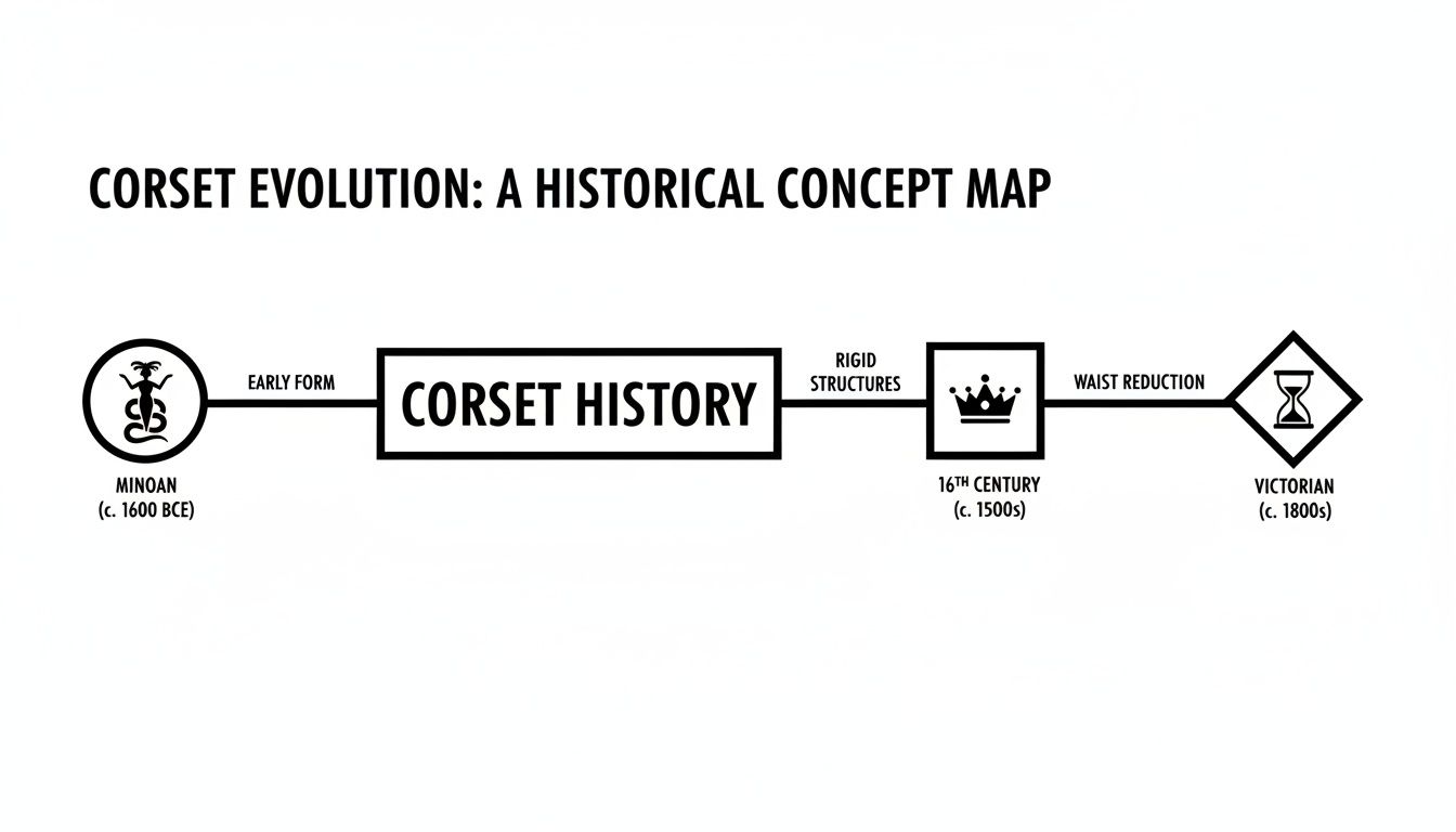 A historical concept map illustrating the evolution of corsets from the Minoan era to the Victorian period.