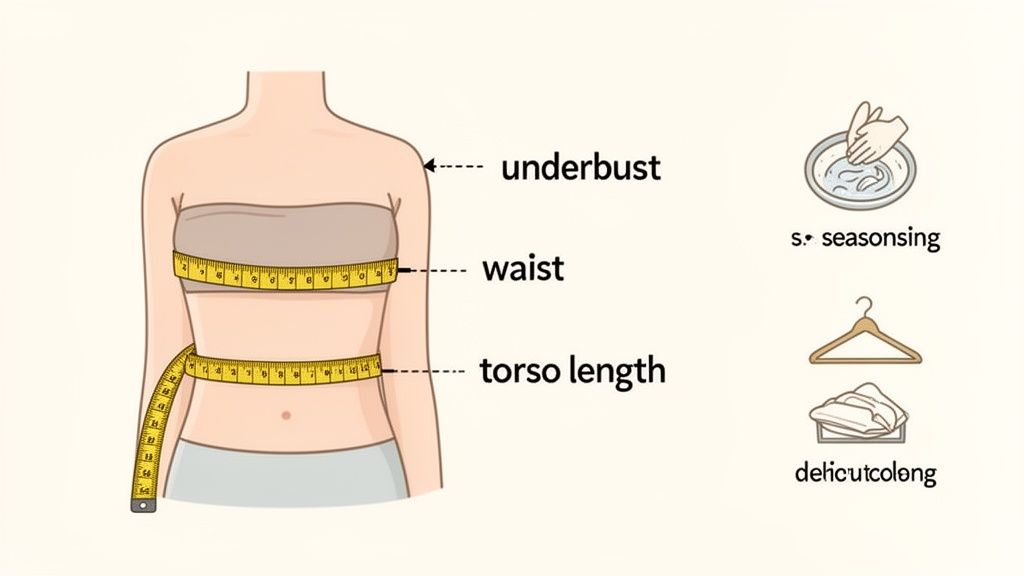 An illustration showing a woman's torso with a measuring tape indicating underbust, waist, and torso length.