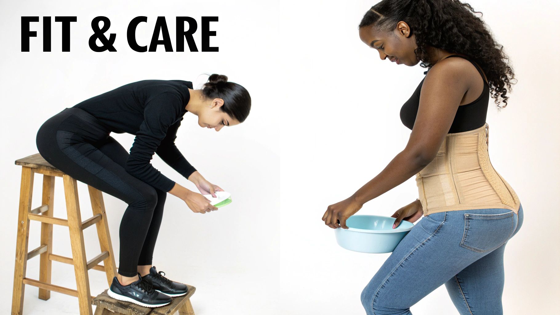 Two women demonstrating garment care. One wears shapewear, holding a basin, the other is on a stool.
