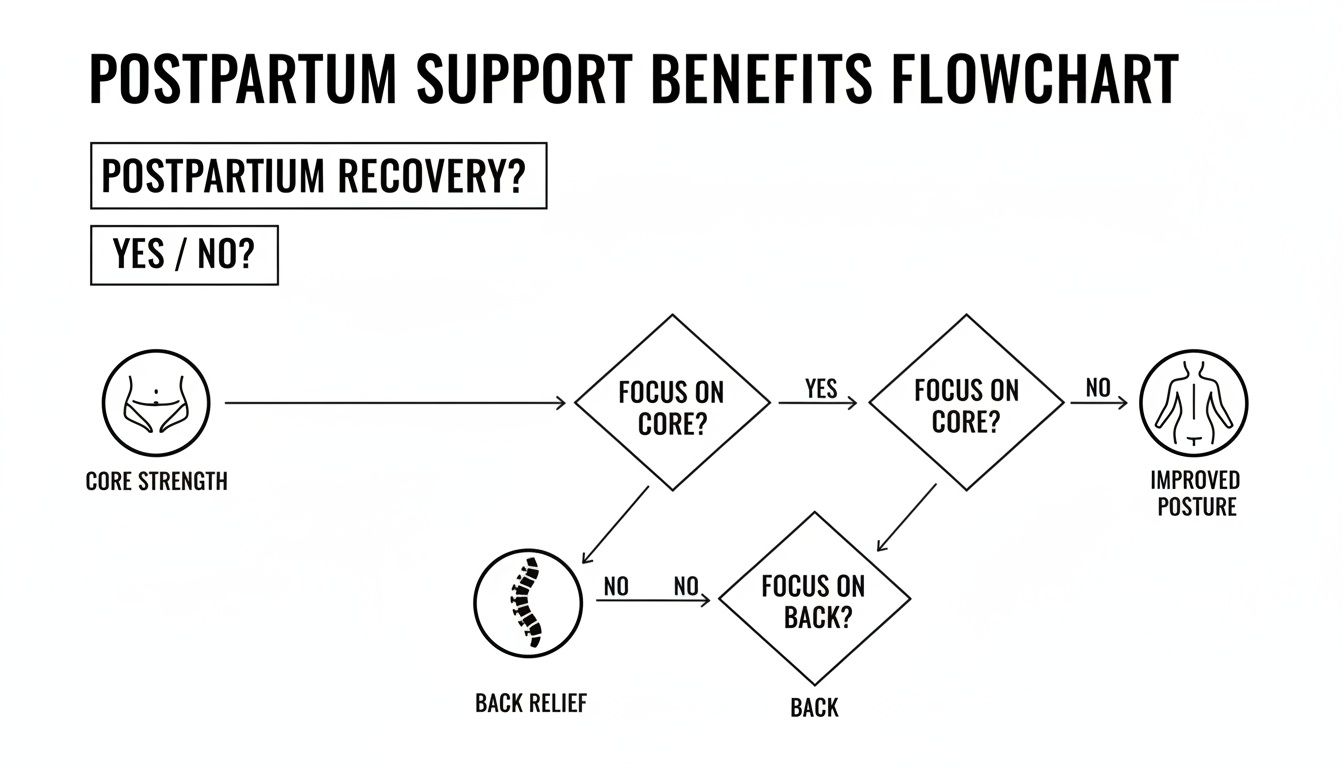 Flowchart illustrating postpartum support benefits, focusing on core strength, back relief, and improved posture.