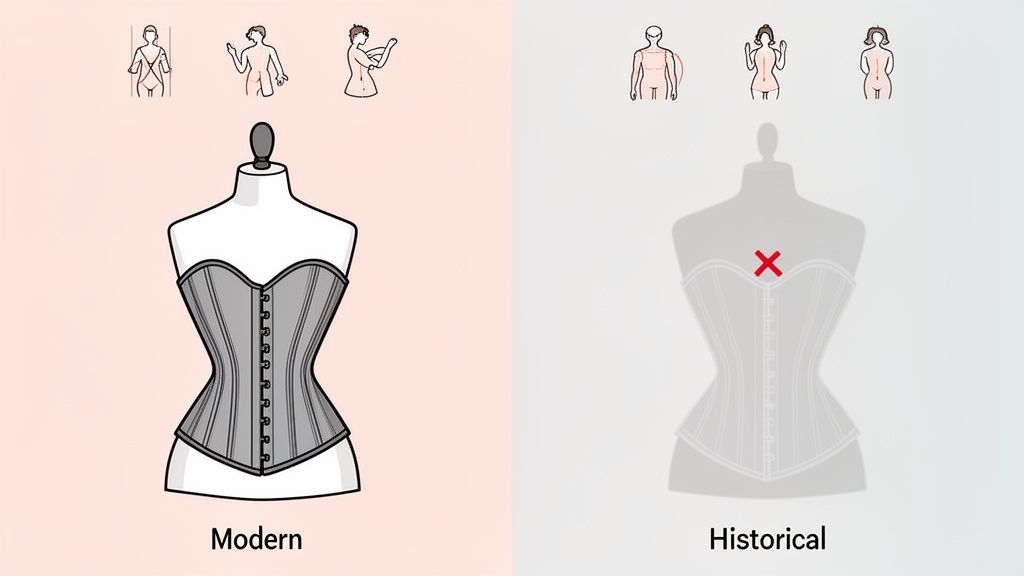 Illustrations comparing modern corsets allowing free movement to historical corsets restricting arm motion.