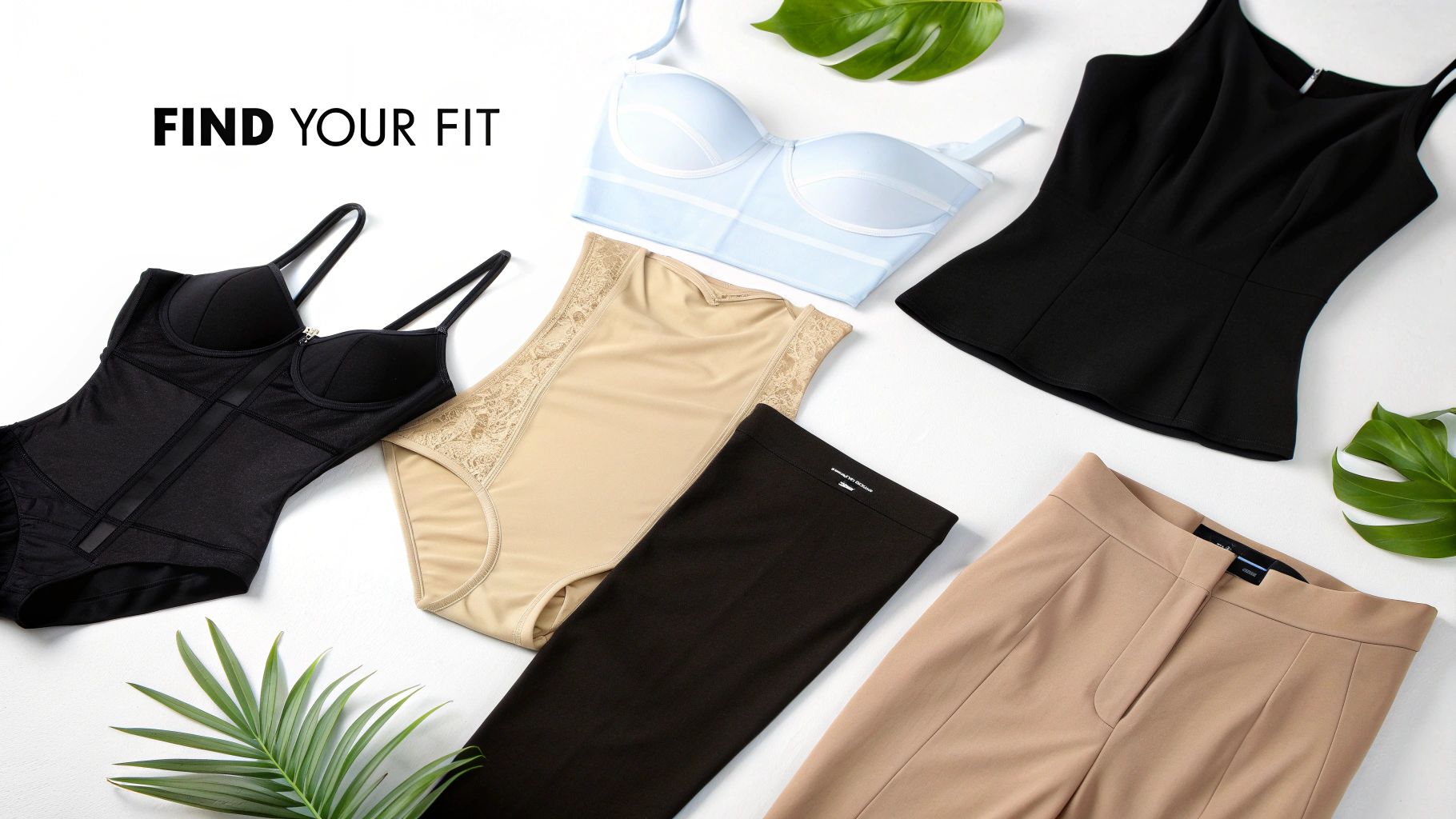 A flat lay of diverse shapewear and clothing items, including black bodysuit, beige briefs, blue bra, and trousers, with green leaves.