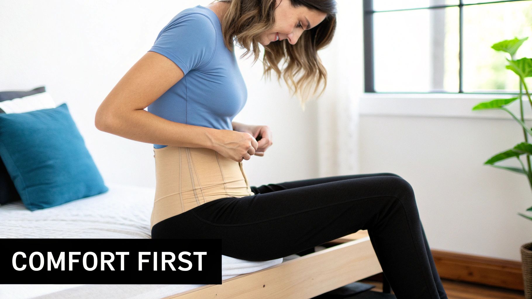 Woman carefully adjusting a comfortable beige shapewear garment around her midsection.