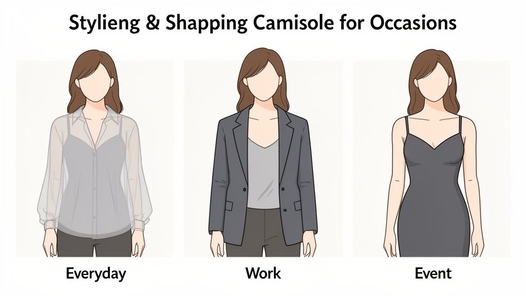 Illustrations showing a shaping camisole styled for everyday, work, and event occasions.