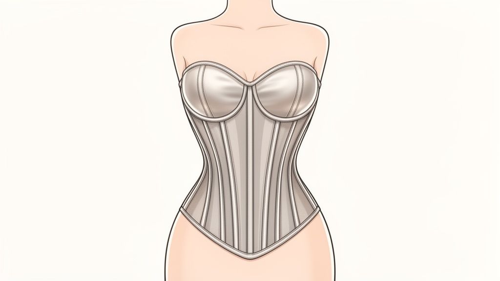 A light-colored strapless corset with vertical boning, worn on a female torso, highlighting an hourglass shape.