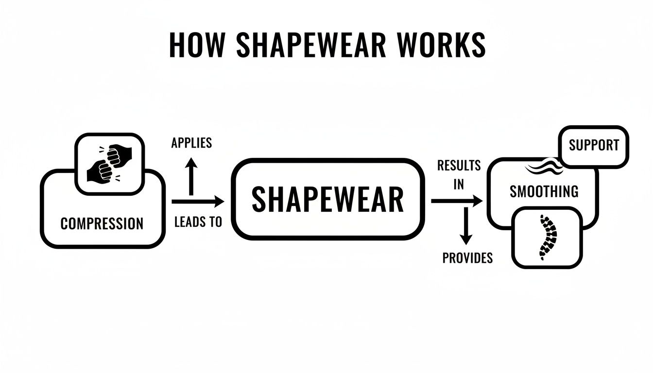 A flowchart illustrating how shapewear works, showing compression leading to shapewear, which results in smoothing and provides support.