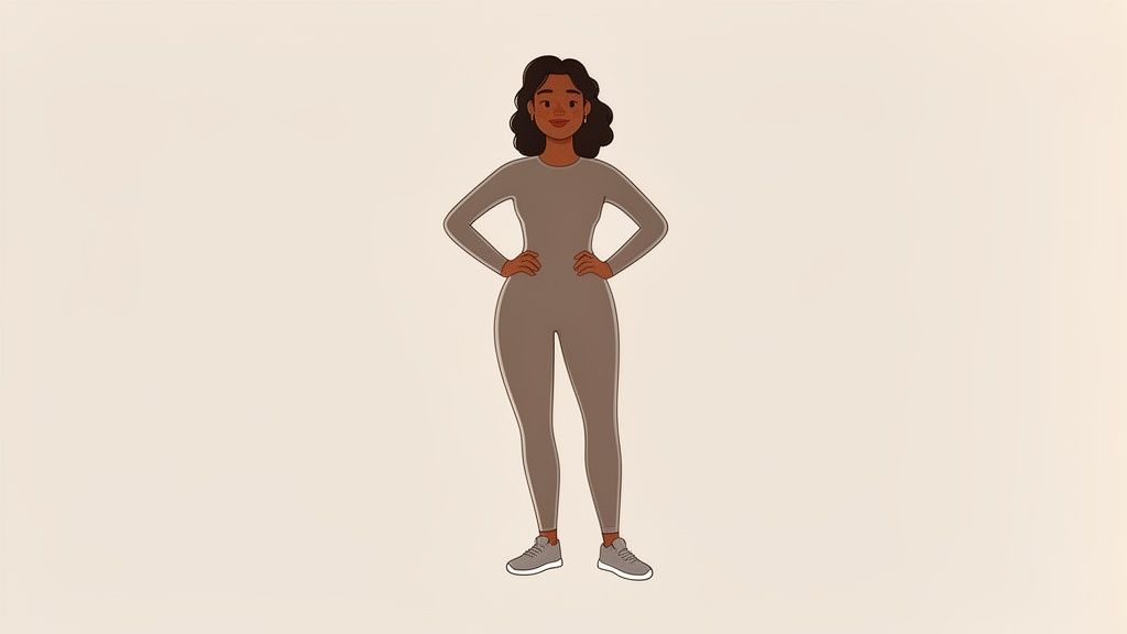 Illustration of a woman wearing a grey full-body shapewear suit, standing confidently with hands on hips.