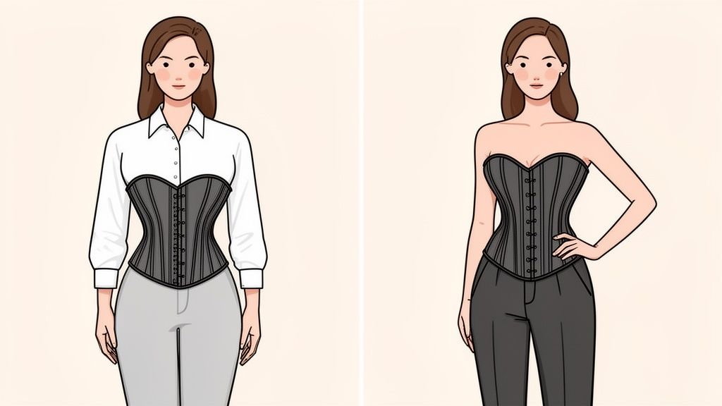Illustration of women wearing black corsets with different outfits, showcasing body shaping.