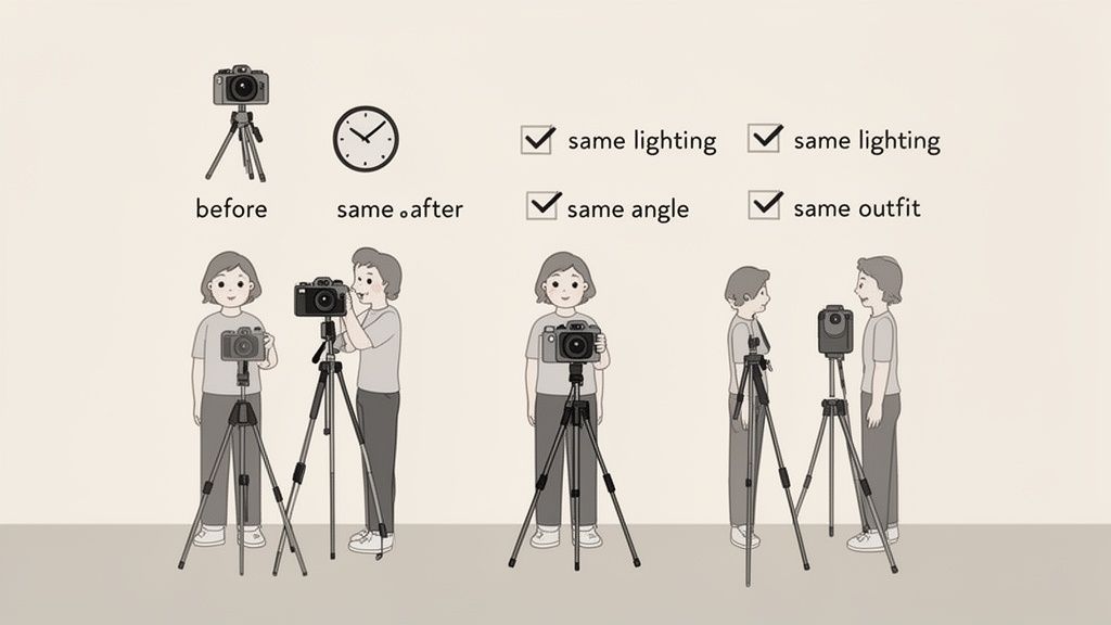 Illustrates key tips for taking consistent before and after photos, emphasizing same lighting, angle, and outfit.