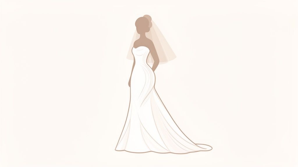 Elegant silhouette of a bride wearing a strapless mermaid wedding dress and veil.