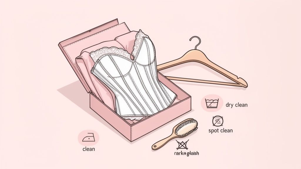 A white lace corset in a pink box with a hanger, brush, and various laundry care instructions.