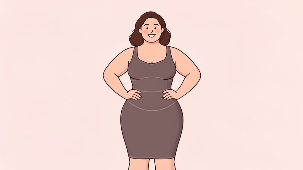 A smiling, curvy woman with brown hair wearing a dark grey bodycon dress, hands on hips.
