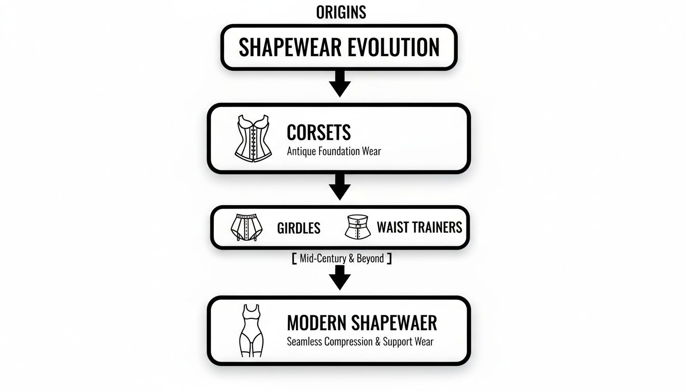 Flowchart illustrating the evolution of shapewear from corsets, girdles, and waist trainers to modern seamless compression garments.