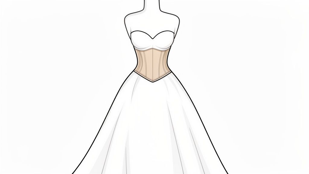 An illustration of a strapless wedding gown featuring a tan corset bodice and a flowing white skirt.