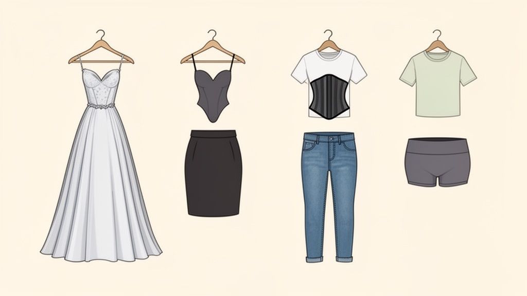 Illustration of diverse women's fashion outfits including corsets, a wedding dress, shirts, skirts, jeans, and shorts.