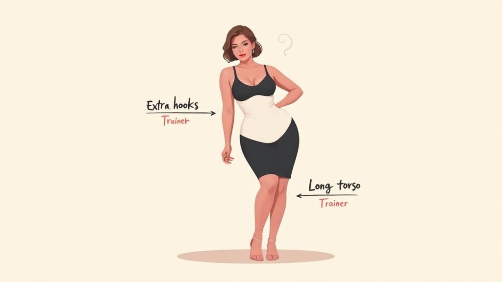 Illustration of a woman modeling shapewear, with labels pointing to "Extra hooks Trainer" and "Long torso Trainer" options.