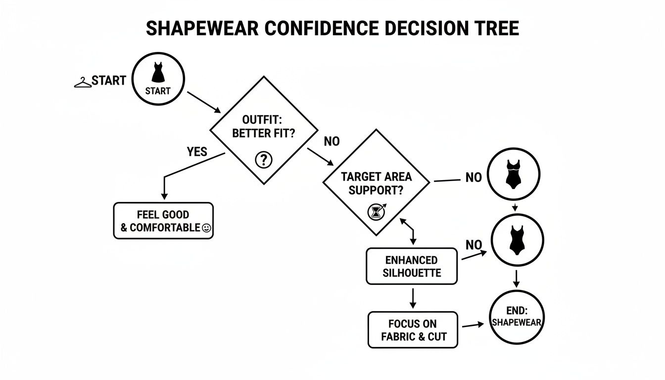 Decision tree flowchart illustrating when to wear shapewear for better outfit fit, target area support, and enhanced silhouette.