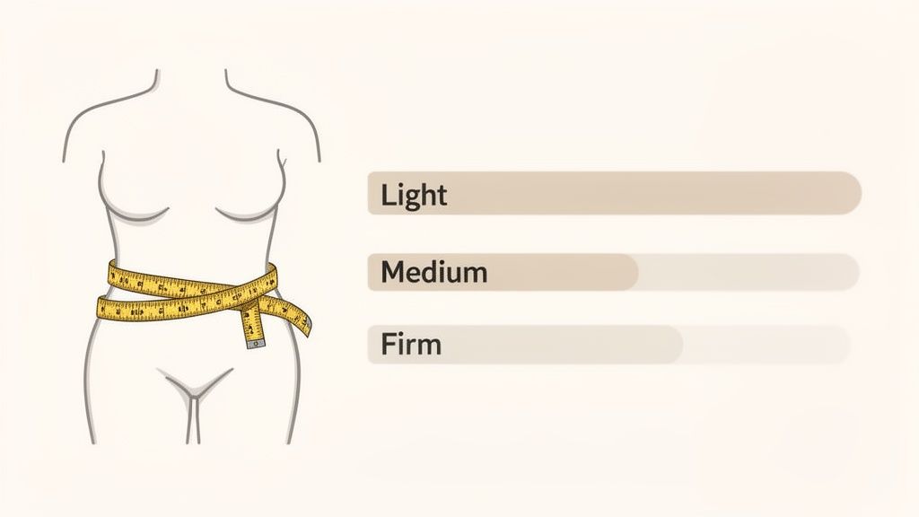 An illustration of a woman's torso with a measuring tape, next to options for light, medium, and firm compression.