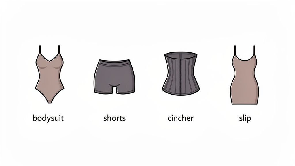 Illustrations of various shapewear garments, including a bodysuit, shorts, cincher, and slip.