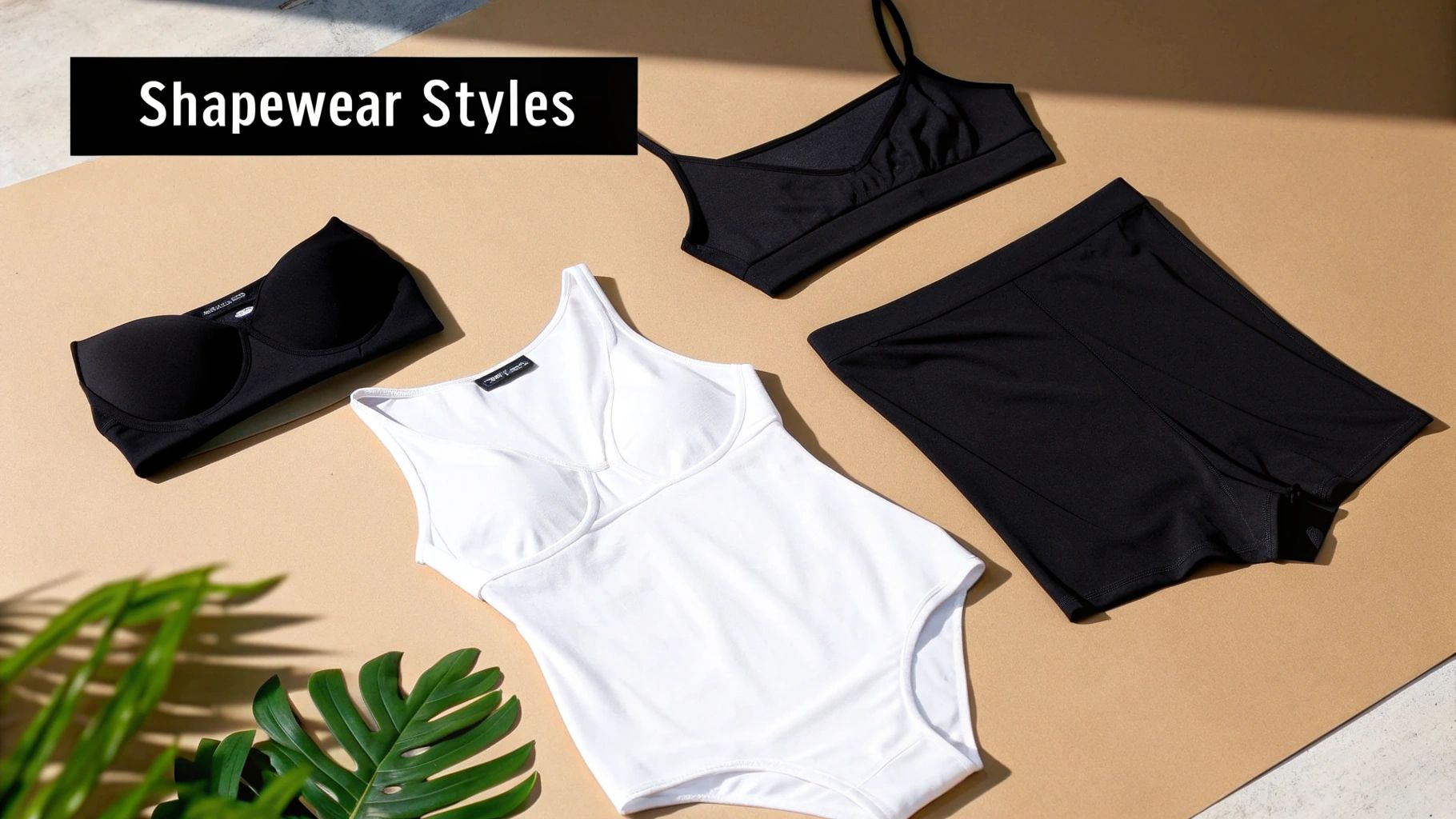Various shapewear styles including black bras, a white bodysuit, and black shorts on a brown surface.