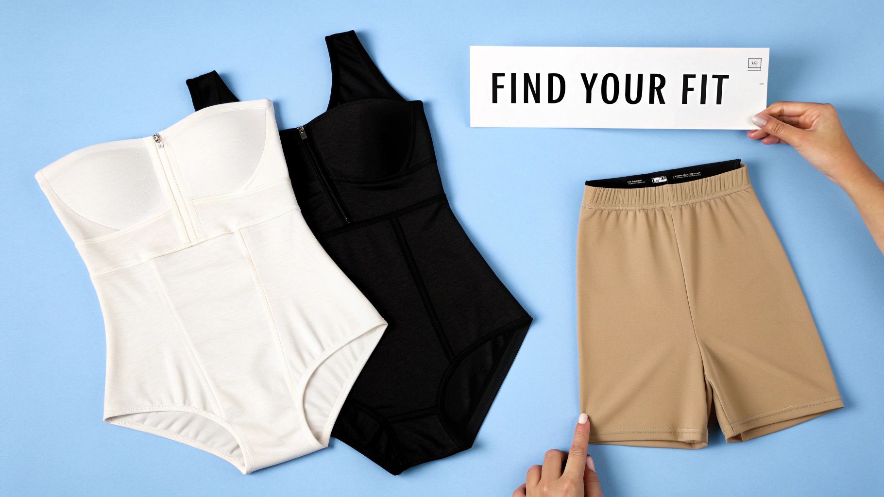 Various shapewear items in white, black, and nude, displayed with a 'FIND YOUR FIT' sign.