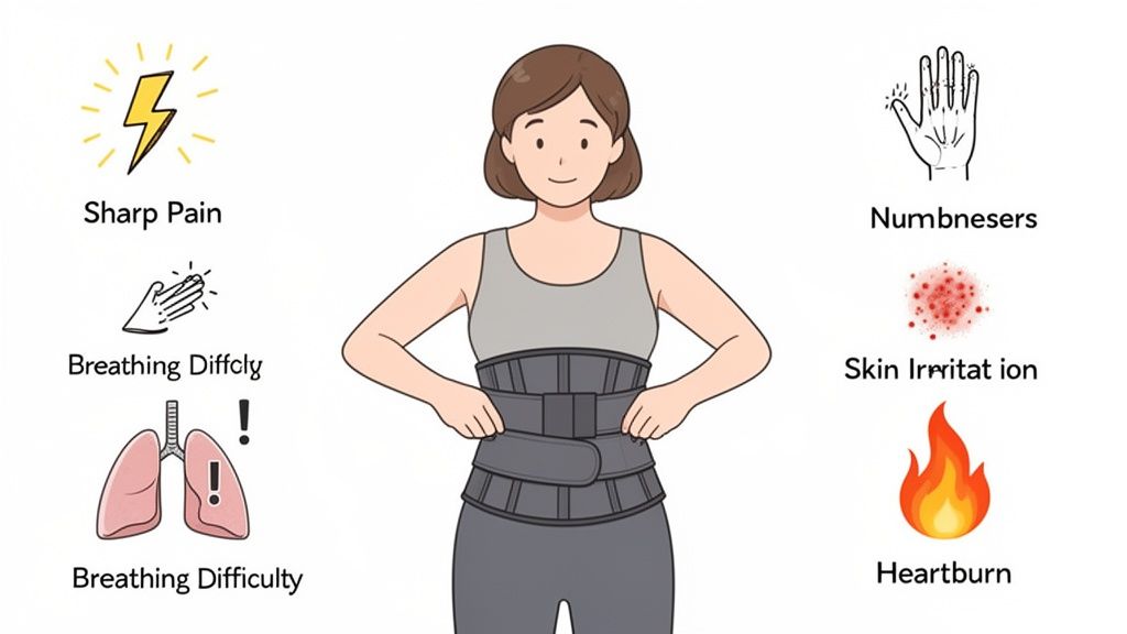 An illustration of a woman in a waist trainer, surrounded by common negative side effects.