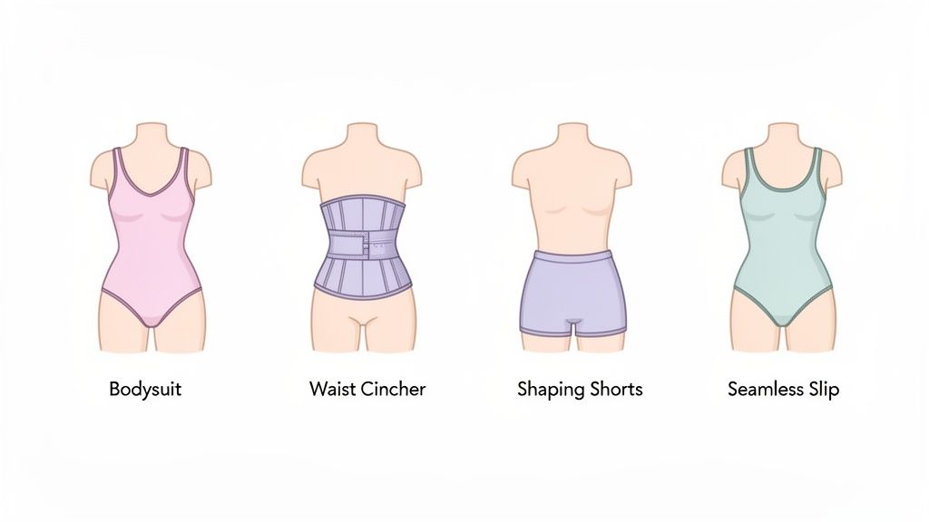 Illustration of different women's body shapers: bodysuit, waist cincher, shaping shorts, and seamless slip.