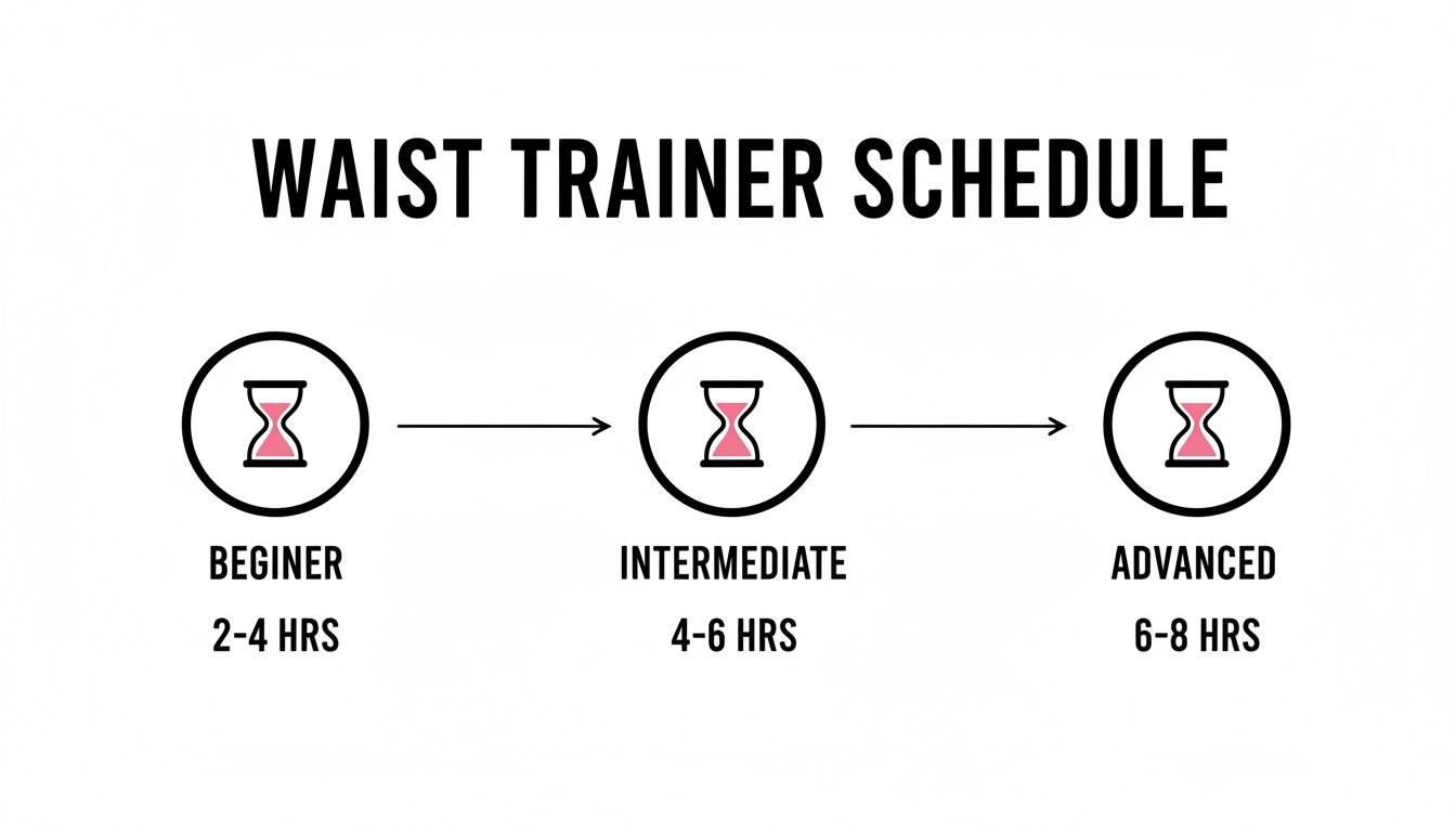 Waist trainer schedule showing beginner (2-4 hours), intermediate (4-6 hours), and advanced (6-8 hours) usage.
