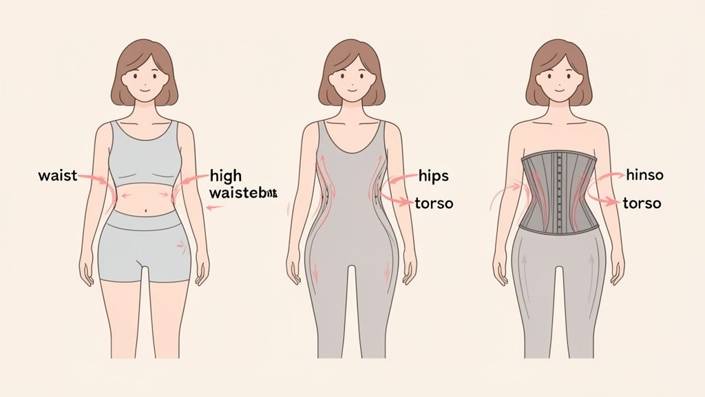 Illustrations showing a woman's body before and after wearing shapewear and a corset for waist shaping.