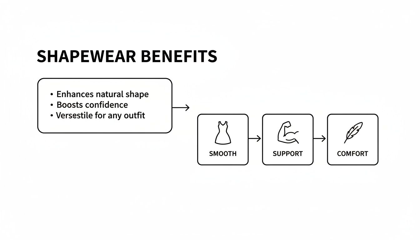 A diagram showcasing shapewear benefits, including enhancing natural shape, boosting confidence, versatility, smoothness, support, and comfort.