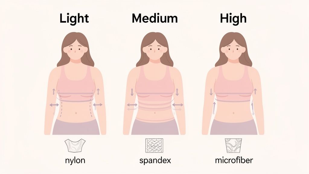 Illustration showing light, medium, and high shapewear compression levels with nylon, spandex, and microfiber fabrics.