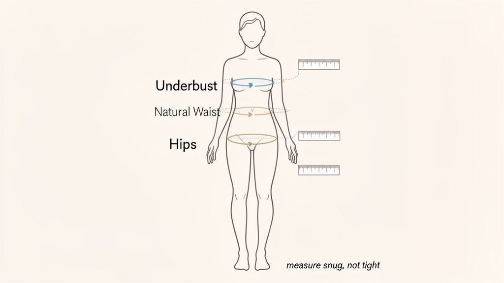 Diagram illustrating how to accurately measure underbust, natural waist, and hips on a woman's body.