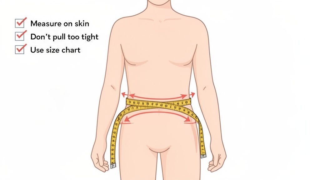 Image illustrating proper body measurement for waist and hips, with measuring tape and helpful tips.