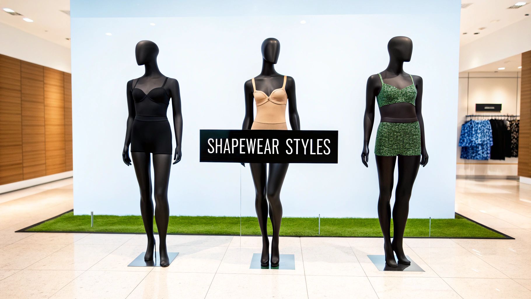 Three mannequins display various shapewear styles, including black, nude, and green sets, in a retail store.